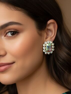 Iridescent Crystal Cluster  Earrings in Gold